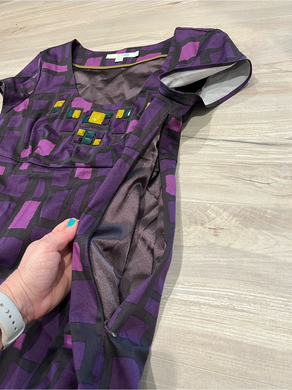 Boden Purple Geometric Midi Dress with Embellished Neckline - Picture 7 of 9